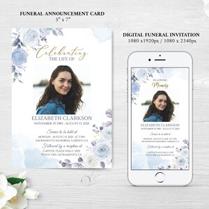Pode incluir: Modelo de convite digital para funeral com um design floral azul e uma foto de uma mulher. O texto diz "Celebrando a vida de Elizabeth Clarkson, 19 de novembro de 1983 - 11 de agosto de 2021".