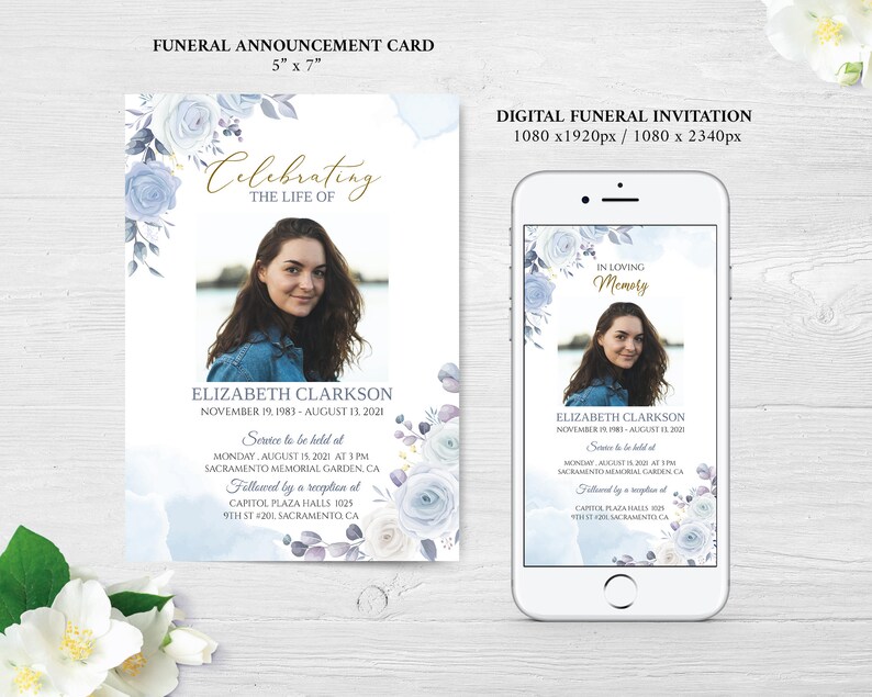 Pode incluir: Modelo de convite digital para funeral com um design floral azul e uma foto de uma mulher. O texto diz "Celebrando a vida de Elizabeth Clarkson, 19 de novembro de 1983 - 11 de agosto de 2021".