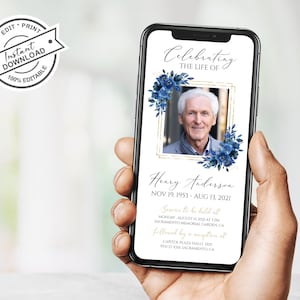 Digital Funeral Invitation, Electronic Blue Funeral Announcement, Blue Obituary Evite, Electronic Invite for Men,Memorial Service Invitation