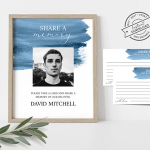 Letrero para funeral conmemorativo y tarjeta para compartir un recuerdo, tarjeta de recuerdo funeraria azul, plantilla editable para compartir un recuerdo funerario, plantilla para funeral