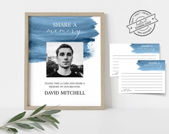 Share a Memory Funeral Sign and Share a Memory Card, Blue Funeral Memory Card, Editable Funeral share a memory template, Funeral Template