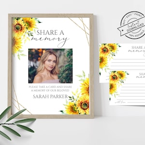 Letrero para funeral con forma de girasol y tarjeta para compartir recuerdos, plantilla editable para compartir recuerdos, plantilla para funeral