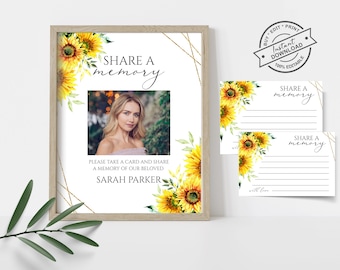 Share a Memory Funeral Sign and Share a Memory Card,Sunflower Funeral Memory Card, Editable Funeral Share a Memory Template,Funeral Template