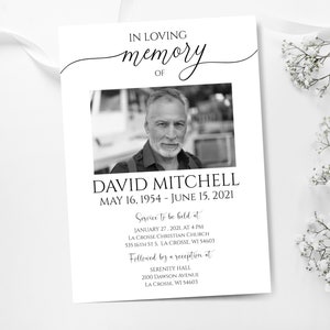 Plantilla de celebración de la vida con fotografía, invitación funeraria minimalista, anuncio funerario, plantilla de tarjeta funeraria, servicio conmemorativo imprimible,