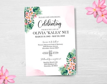 Hawaiian Funeral Announcement, Tropical Celebration of life Invitation Funeral Card Template, Memorial Service Invite, Mourning Invitation