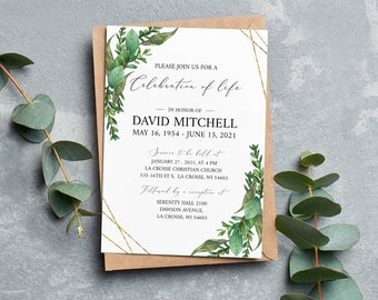 Celebration of life Invitation, Greenery Funeral Invite, Funeral Announcement, Funeral Card Template, Printable Memorial Service Invitation