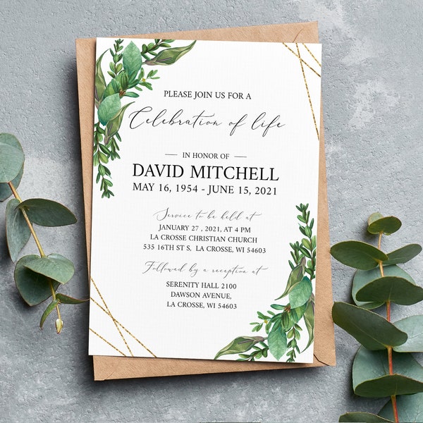 Celebration of life Invitation, Greenery Funeral Invite, Funeral Announcement, Funeral Card Template, Printable Memorial Service Invitation