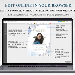 Pode incluir: Um ecr&atilde; de computador port&aacute;til que mostra um modelo digital para um an&uacute;ncio de servi&ccedil;o memorial. O modelo apresenta um design floral azul e branco com uma fotografia de uma mulher. O texto no modelo diz "Celebrating the Life of Elizabeth Clarkson".