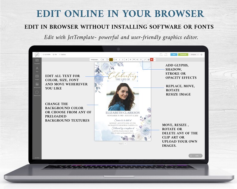 Pode incluir: Um ecr&atilde; de computador port&aacute;til que mostra um modelo digital para um an&uacute;ncio de servi&ccedil;o memorial. O modelo apresenta um design floral azul e branco com uma fotografia de uma mulher. O texto no modelo diz "Celebrating the Life of Elizabeth Clarkson".