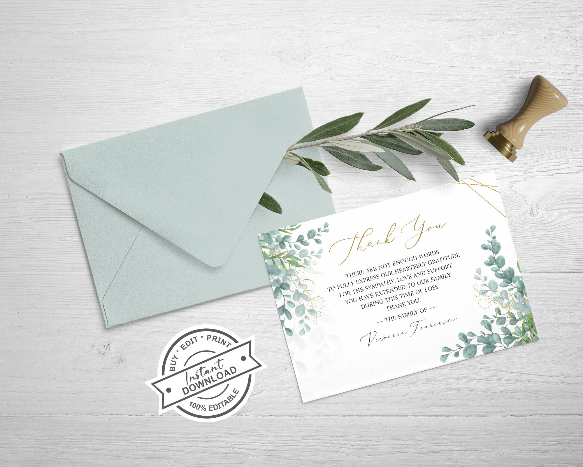 Greenery Gold Eucalyptus Funeral Thank You Card,celebration of Life ...