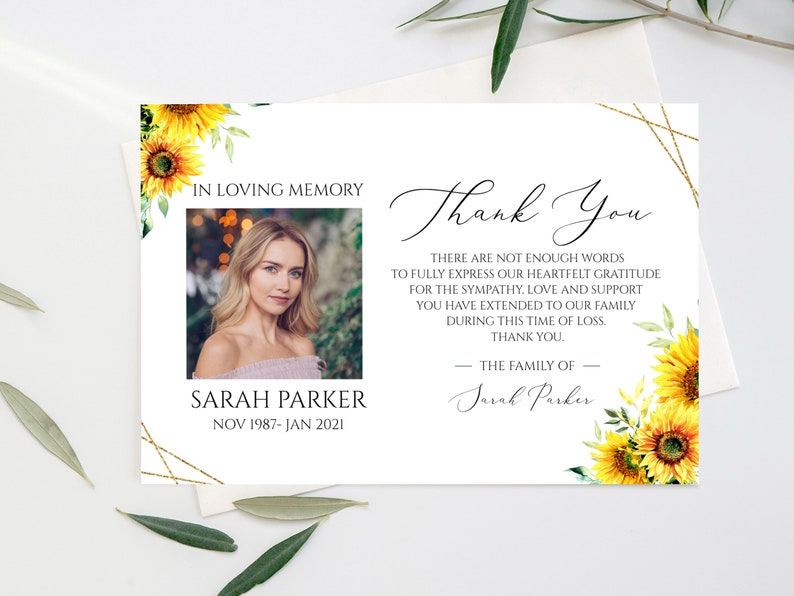 Sunflower Funeral Thank You Card, Celebration of Life, Memorial Card