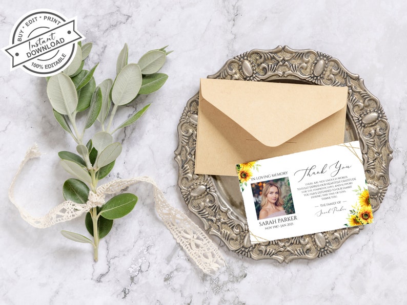 Sunflower Funeral Thank You Card Celebration of Life Etsy