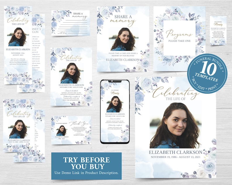 Pode incluir: Um pacote de modelos de programas funer&aacute;rios com 10 designs diferentes. Os modelos apresentam um design floral em aquarela com flores azuis e brancas. O texto "Celebrating the Life of Elizabeth Clarkson" aparece no modelo do programa. O pacote inclui um cart&atilde;o para compartilhar uma lembran&ccedil;a, um cart&atilde;o de agradecimento e um cart&atilde;o de programa.
