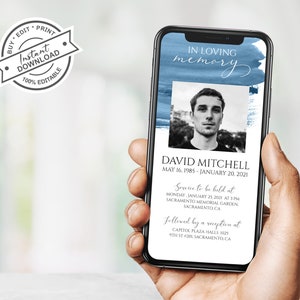 Digital Funeral Invitation, Electronic Blue Funeral Announcement, Blue Obituary Evite, Electronic Invite for Men,Memorial Service Invitation