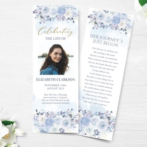 Modèle de marque-page funéraire rose bleue, marque-page célébration de la vie, cartes souvenir funéraire, marque-page commémoratif floral, marque-page nécrologie