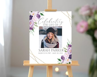Purple Roses Funeral Welcome Sign: Memorial Poster Template (Digital Download)