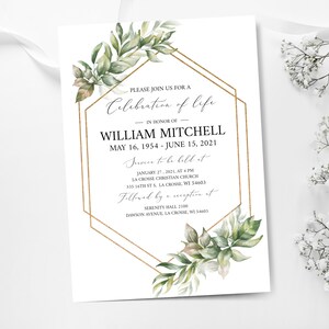 Greenery  Funeral Invitation, Funeral Announcement, Celebration of life Funeral Card Template, Printable Memorial Service, Editable template