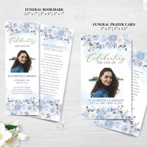 Pode incluir: Um marcador de p&aacute;gina e um cart&atilde;o de ora&ccedil;&atilde;o f&uacute;nebres azul e branco com uma foto de uma mulher. O marcador de p&aacute;gina mede 2,5 polegadas por 7 polegadas e o cart&atilde;o de ora&ccedil;&atilde;o mede 3 polegadas por 5 polegadas. O texto no marcador de p&aacute;gina diz "Celebrating the Life of Elizabeth Clarkson, November 1956 - August 2021". O texto no cart&atilde;o de ora&ccedil;&atilde;o diz "Celebrating the Life of Elizabeth Clarkson, July 12, 1986 - April 19, 2021".