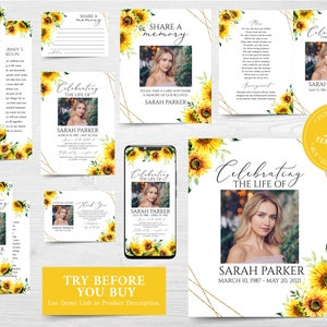 May include: A set of 10 printable funeral templates featuring a sunflower design. The templates include a memorial card, a program, a thank you card, and a memorial card with the text "In Loving Memory".
