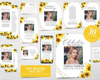 Sunflower Funeral Template Bundle – Editable Memorial & Celebration of Life Suite, In Loving Memory Printable JetTemplate Funeral Package