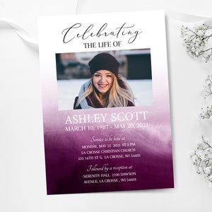 Celebration of life Funeral Invitation,Purple Watercolor Funeral Announcement, Funeral Card Template, Burgundy Memorial Service Invite women