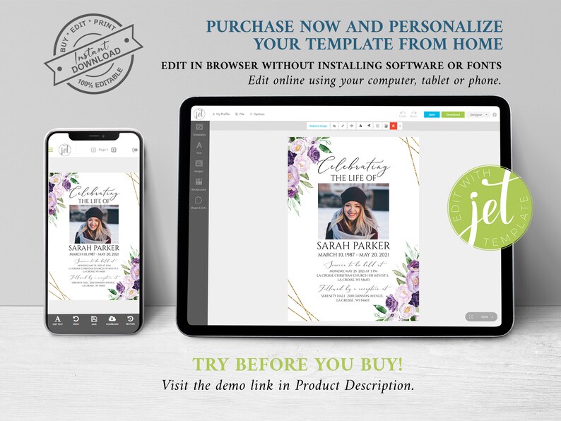 Editable Funeral Bundle, Memorial Package, Celebration of Life Package, In Loving Memory Suite, Funeral Templates Bundle, Purple Funeral Set image 8