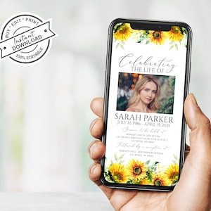 May include: A digital memorial card with a sunflower border. The card features a photo of a woman and text that reads "Celebrating the life of Sarah Parker, July 10, 1986 - April 19, 2021". The card also includes details about the memorial service and reception.