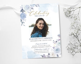 Celebration of life Invitation,Blue Rose Funeral Invite, Funeral Announcement, Funeral Card Template, Printable Memorial Service Invitation