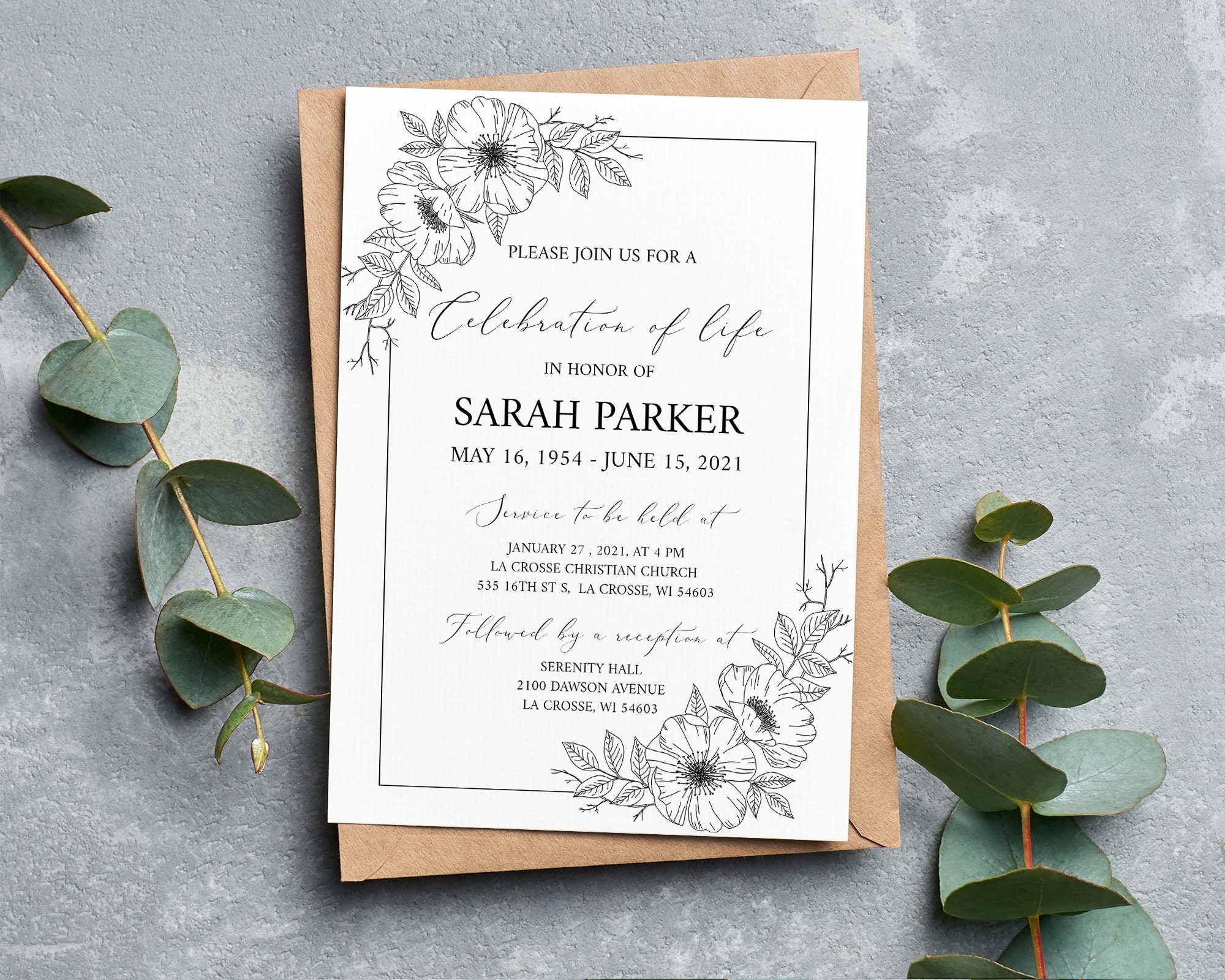 Celebration of life, Funeral Invitation, Funeral Announcement, Funeral Card Template, Printable memorial service, Reception Card Template
