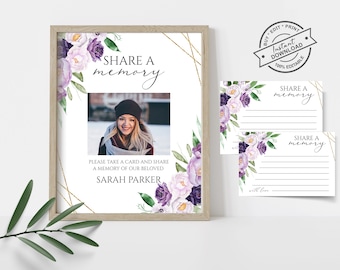 Purple Floral Funeral Memory Card & Sign Template (Digital Download)