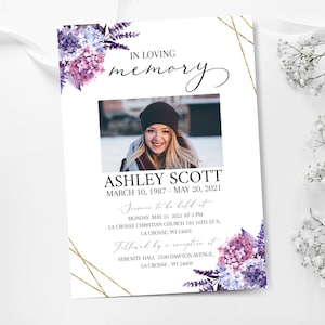 Invitación a la celebración de la vida, invitación a un funeral, anuncio de funeral morado, plantilla de tarjeta de funeral, invitación a un servicio conmemorativo de hortensias