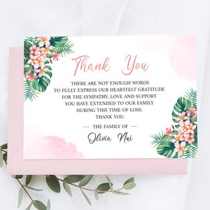 Carte de remerciement pour les funérailles de Plumeria rose tropical, célébration de la vie, carte commémorative, modèle de carte de remerciement imprimable, carte de sympathie modifiable
