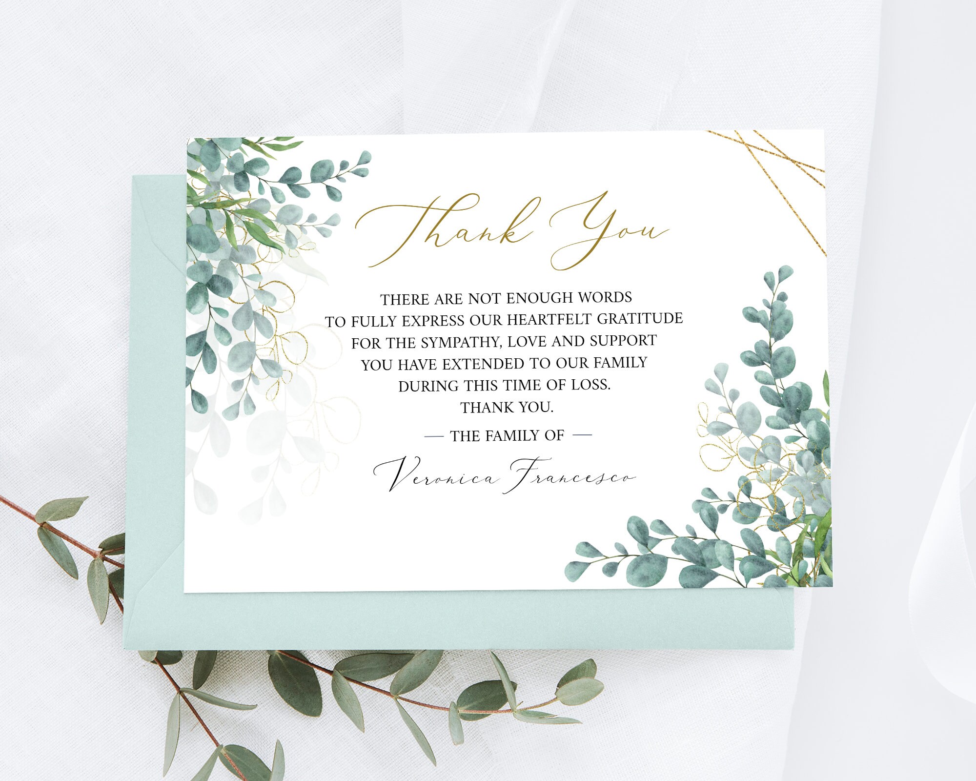 Greenery Gold Eucalyptus Funeral Thank You Card,celebration of Life ...