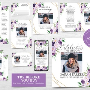 Editable Funeral Bundle, Memorial Package, Celebration of Life Package, In Loving Memory Suite, Funeral Templates Bundle, Purple Funeral Set