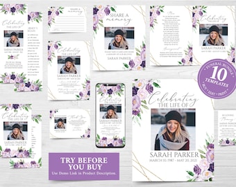 Editable Funeral Bundle, Memorial Package, Celebration of Life Package, In Loving Memory Suite, Funeral Templates Bundle, Purple Funeral Set