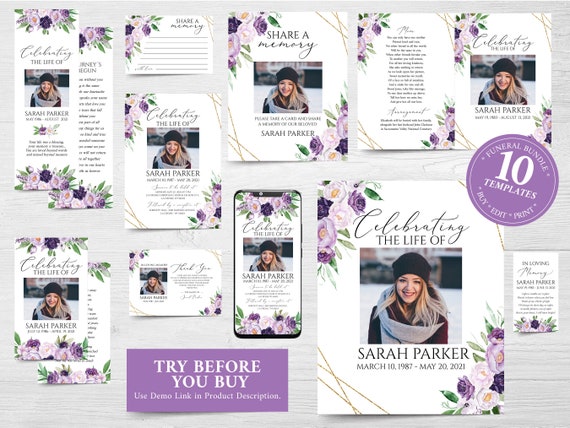 Editable Funeral Bundle, Memorial Package, Celebration of Life Package, In Loving Memory Suite, Funeral Templates Bundle, Purple Funeral Set