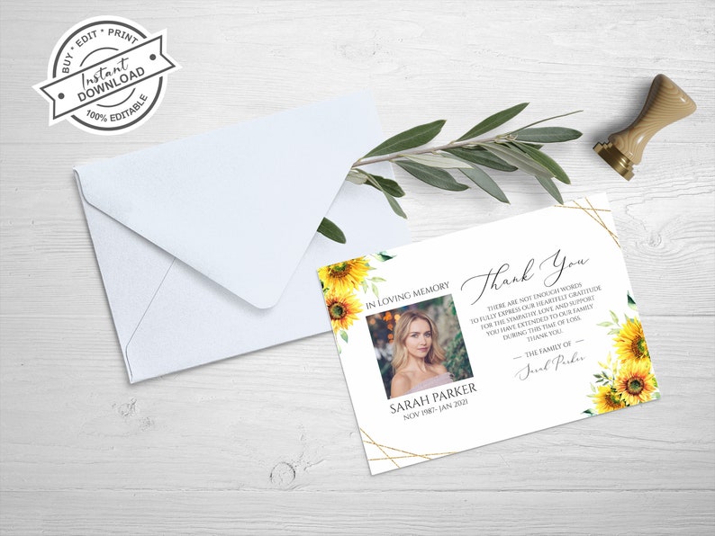 Sunflower Funeral Thank You Card Celebration of Life Etsy