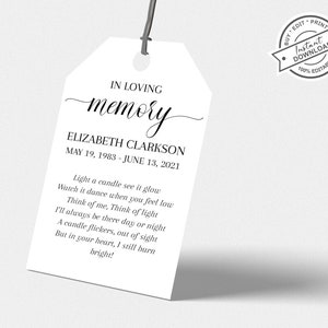 Plantilla de etiqueta de recuerdo de funeral con invitación de celebración de la vida, etiqueta de recuerdo de vela conmemorativa, etiqueta de recuerdo simple en blanco con un mensaje en memoria amorosa, recuerdo de funeral