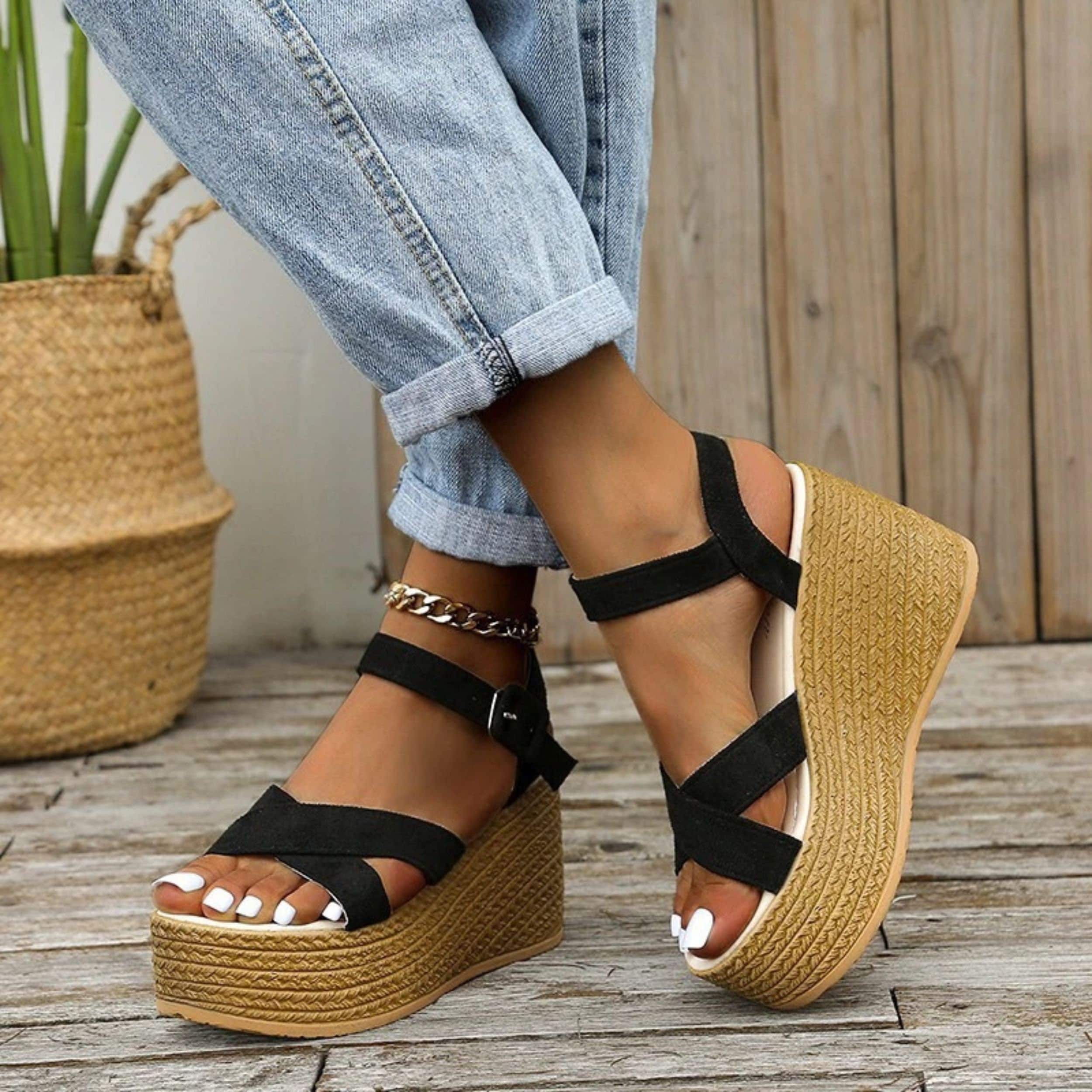 black wedges with brown heel