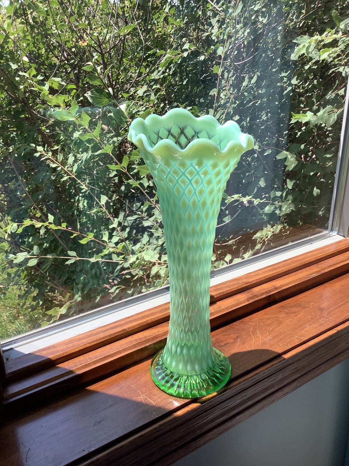 Northwood Green Opalescent Diamond Point Swung Vase Etsy