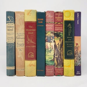 Colorful Vintage Hardcover Classics | Jane Austen, Mark Twain, Jules Verne, Treasure Island, Gulliver's Travels, Louisa May Alcott