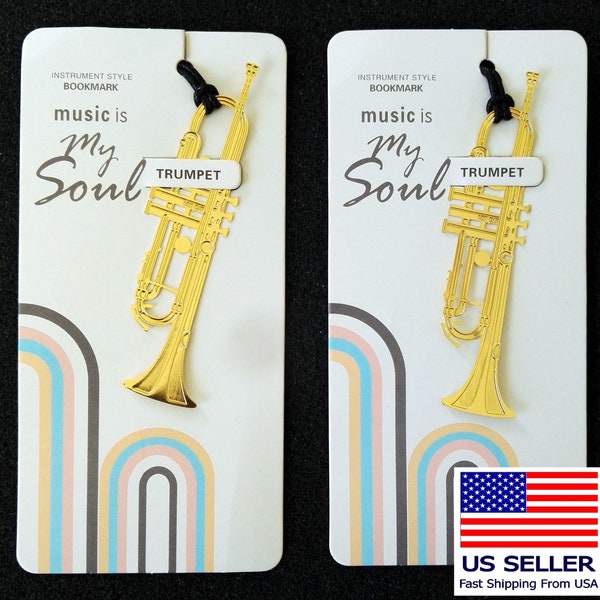 Pair of Music Bookmark, Trumpet, Gold-plated Metal Art Gift