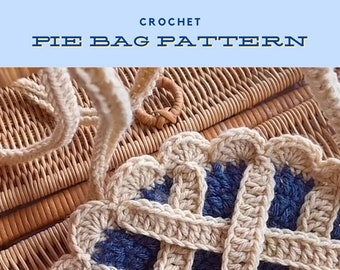 May include: Crochet pie bag pattern. A close-up of a crocheted bag with a woven pattern in beige and blue.