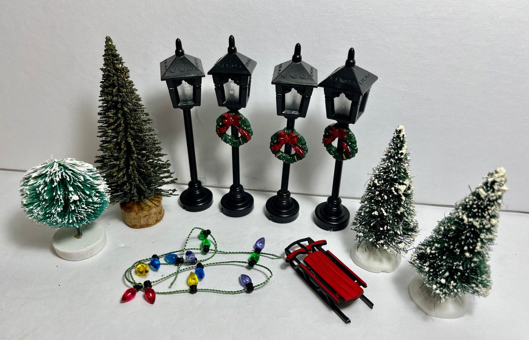 Holiday Village Accessories 4 Street Gas Lanterns, 4 Small Trees 3 Have