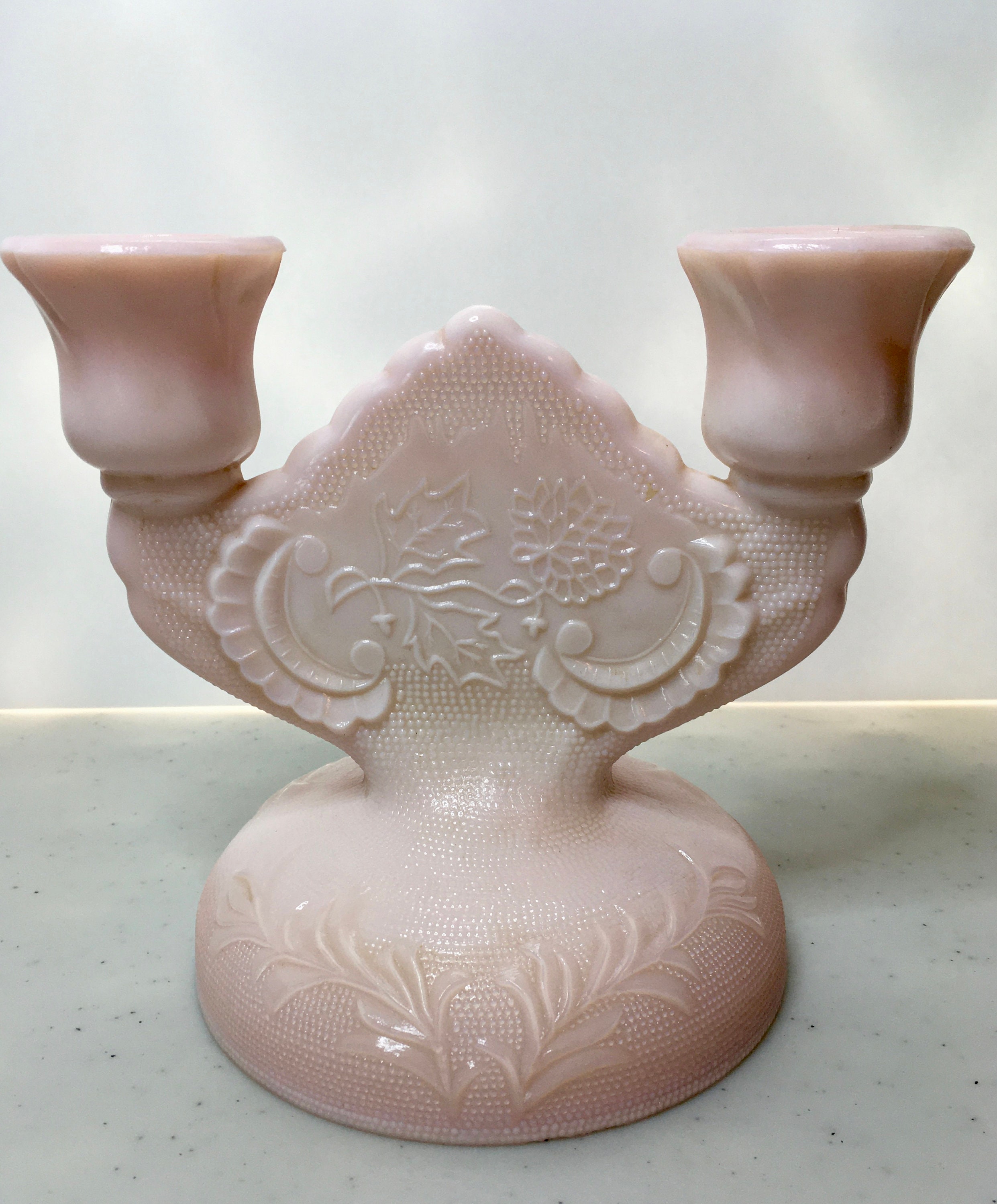 Shell Pink milk glass double candlestick holder Etsy