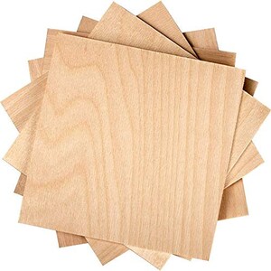 May include: A stack of five unfinished wood squares, each measuring 12 inches by 12 inches. The wood has a natural grain pattern and is light brown in color.