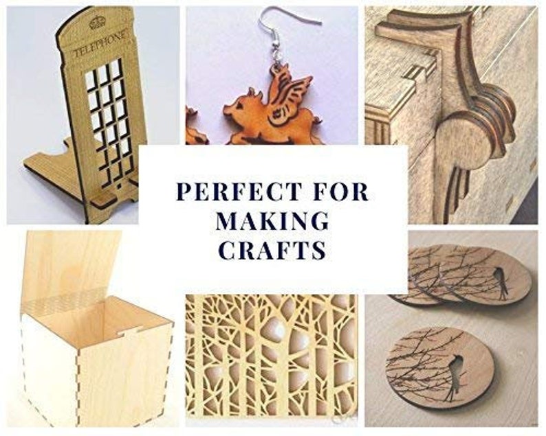 May include: A collage of images showcasing various laser cut wood crafts. The images include a wooden phone stand, a pair of earrings with a pig design, a wooden box, a set of coasters with a tree design, and a wooden box with a tree design. The text "PERFECT FOR MAKING CRAFTS" is displayed in the center of the collage.