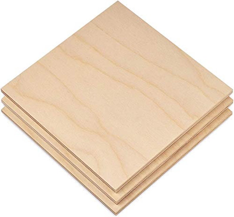 May include: Three sheets of unfinished, natural wood plywood. The plywood is light brown and has a smooth surface.