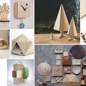May include: A collage of 10 images showcasing various wooden crafts and home decor items. The images include a set of wooden flower pots, a wooden cuckoo clock, a wooden Christmas tree, a wooden pet bed, a wooden birdhouse, and a variety of wooden boxes and trays.