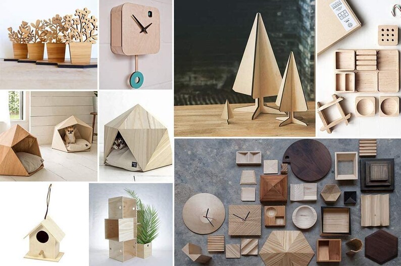 May include: A collage of 10 images showcasing various wooden crafts and home decor items. The images include a set of wooden flower pots, a wooden cuckoo clock, a wooden Christmas tree, a wooden pet bed, a wooden birdhouse, and a variety of wooden boxes and trays.